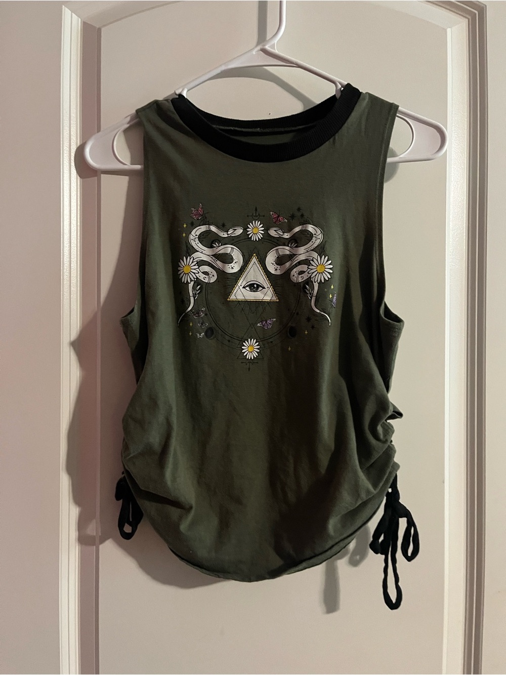 No Boundaries Olive Graphic Sleeveless Tank with Side Drawstrings